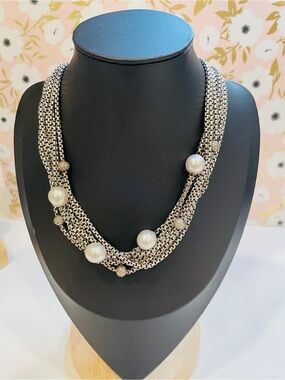 David Yurman Silver 18k Multi-Strand Box Chain Pearl & Diamond Ball Necklace